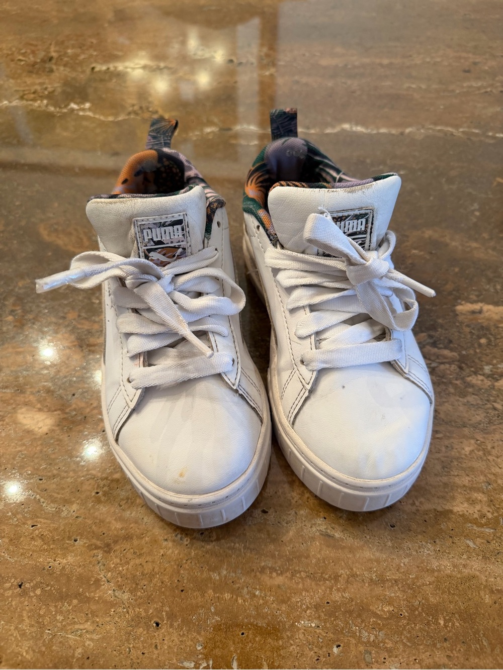 Puma Kids White Sneakers with Colorful Patterned Liner